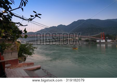 Sunset Near Ram Jhula Bridge Of Rishikesh, Famous For Association With Hindu Mythology God Ram, Utta