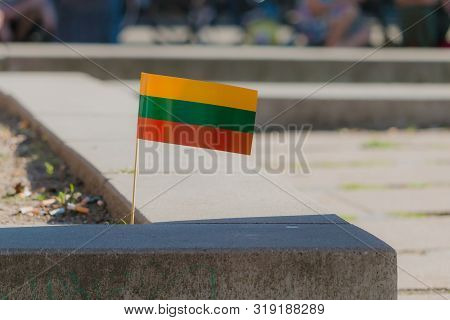 Small Lithuanian Flag Sticked In Ground Near Curb