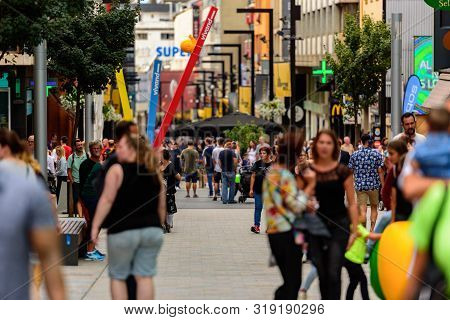 Escaldes Engordany, Andorra : 2019 August 22 :  Andorra La Vella. People Walk In The Comercial Stree