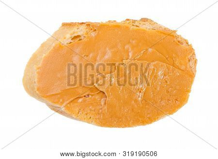 Top View Of Open Sandwich With Fresh Bread And Peanut Butter Isolated On White Background