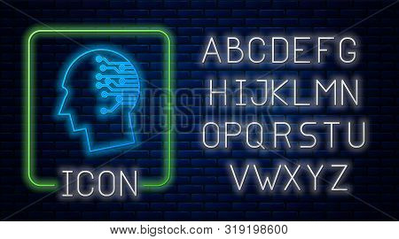 Glowing Neon Human Brain As Digital Circuit Board Icon On Brick Wall Background. Artificial Intellig