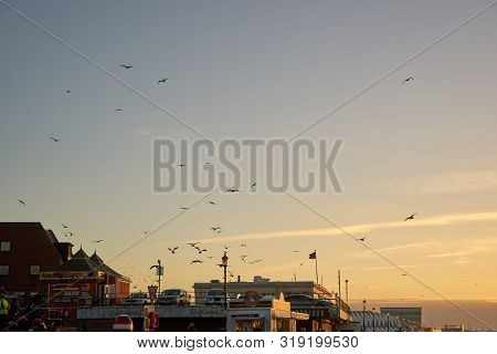 Hunstanton, Norfolk, England, Uk - January 1, 2019: Foggy Winter Evening In Hunstanton Beach, Roofs 