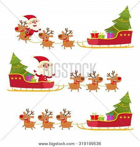Christmas Collection Of Santa Claus In Sleigh Isolated On White.