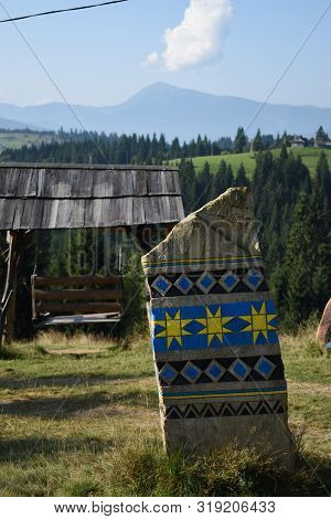 Ethnographic Drawing On Stone On Carpatians. Ukraine