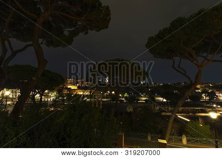 Fori Imperiai Street At Night View From Altar Of The Fatherland Rome Italy