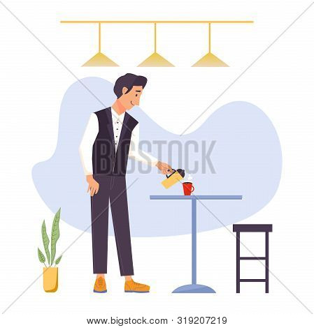 Man Character In Flat Style In The Cafe Waiting For Visitor. Waiter With Coffee Pot. Vector Illustra