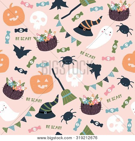 Halloween Seamless Pattern With Doodle Elements. Funny Holiday Print. Vector Hand Drawn Illustration