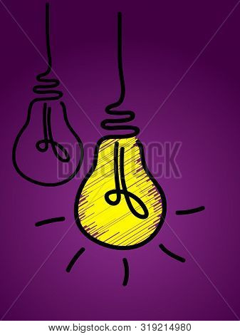 Glowing Light Bulb Scribble Line Icon Vector, Isolated On Purple Background. Idea Sign, Solution, Th