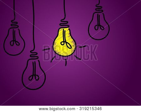 Glowing Light Bulb Scribble Hand Drawn Vector Illustration Isolated On Ultra Violet. Idea Sign, Solu