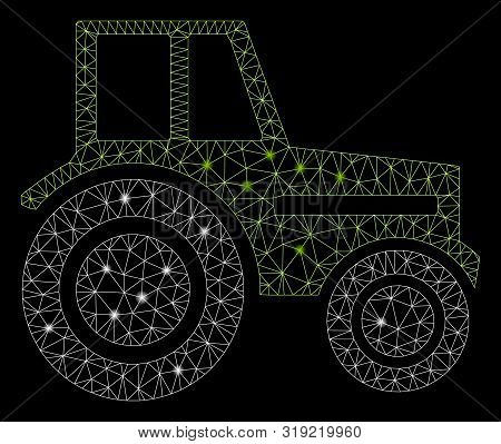 Glowing Mesh Wheeled Tractor With Glare Effect. Abstract Illuminated Model Of Wheeled Tractor Icon. 