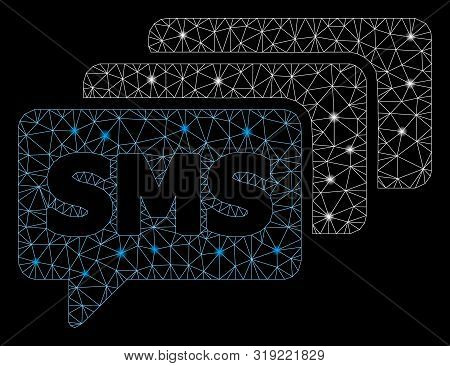 Glowing Mesh Sms Queue With Lightspot Effect. Abstract Illuminated Model Of Sms Queue Icon. Shiny Wi
