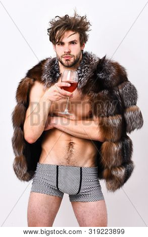 Guy Attractive Rich Posing Fur Coat On Naked Body. Rich Athlete Enjoy His Life. Sexy Sleepy Rich Mac