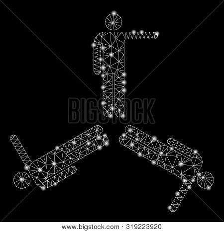 Glossy Mesh Three Pointing Men With Glitter Effect. Abstract Illuminated Model Of Three Pointing Men