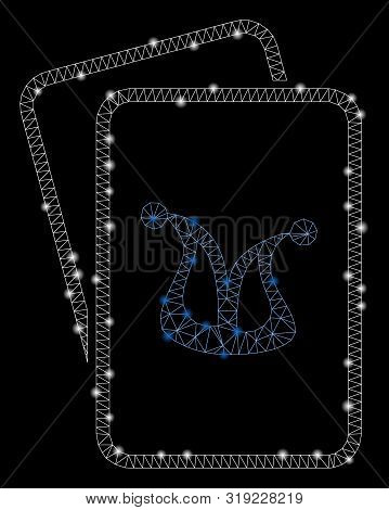 Glowing Mesh Joker Gambling Cards With Glare Effect. Abstract Illuminated Model Of Joker Gambling Ca