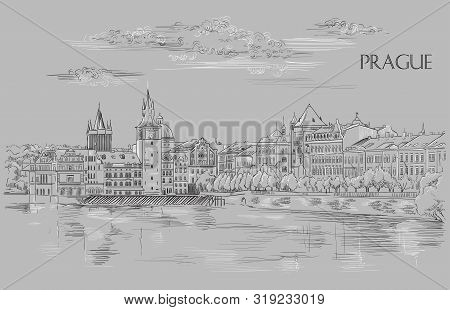 Vector Hand Drawing Illustration Of Prague Old City Panorama, River Vltava. Landmark Of Prague, Czec