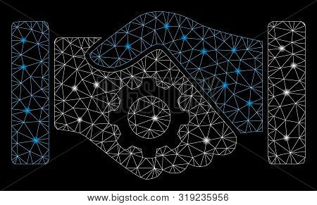 Glowing Mesh Smart Contract Handshake With Glare Effect. Abstract Illuminated Model Of Smart Contrac