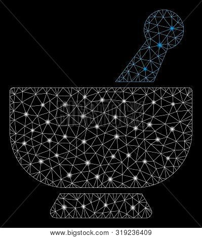 Glossy Mesh Mortar With Lightspot Effect. Abstract Illuminated Model Of Mortar Icon. Shiny Wire Fram