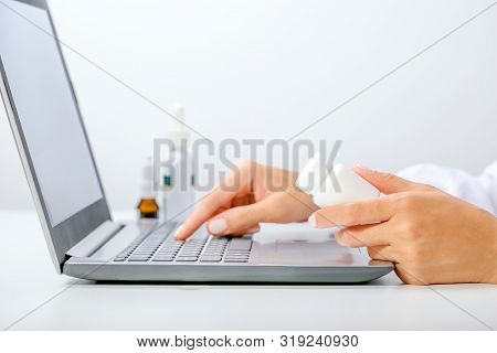 Woman Choosing Medication Online Pharmac. Purchase Of Drugs And Medicine Online.