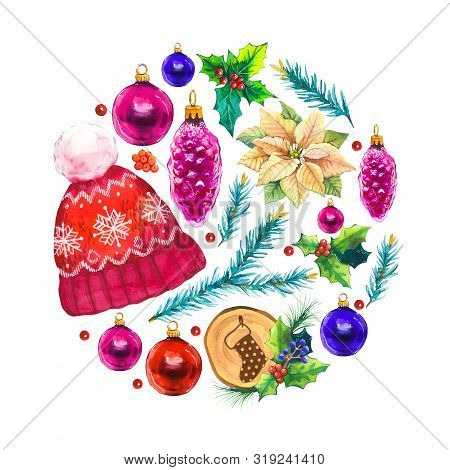 Christmas Watercolor Circle Illustration In Picturesque Style. Holiday Set With Poinsettia, Red Hat,