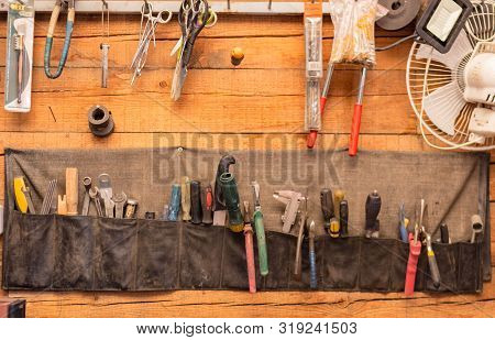 Old Tools In Wallniture Hanging Canvas Organizational Wall Mounted Hardware Storage With Pockets In 