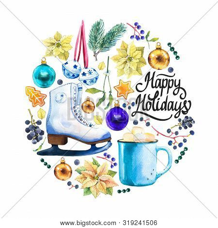 Christmas Watercolor Circle Illustration In Picturesque Style. Holiday Set With Ribbon, Skate, Spruc