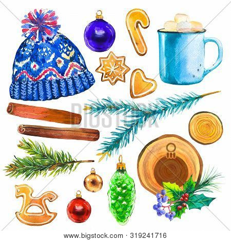 Christmas Watercolor Illustration In Picturesque Style. Holiday Set With Bell, Orange, Holly, Cup, H