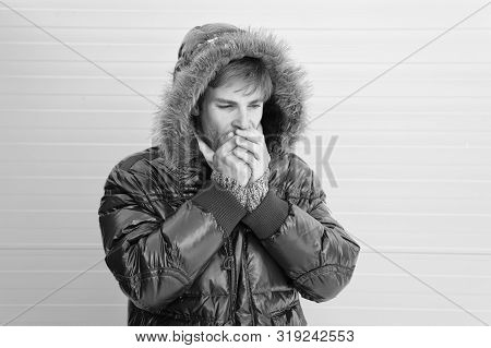 Comfortable Winter Clothing. Winter Stylish Menswear. Man Bearded Hipster Wear Warm Jacket With Fur 