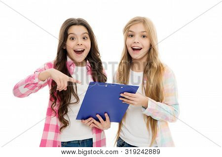 This Stylish Clip Board Keeps Our Documents Handy. Happy Little Girls Holding Writing Board. Small C