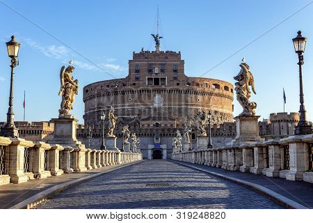 Empty Ponte Santangelo At Dawn With Castel Santangelo In Background - Rome, Italy.
