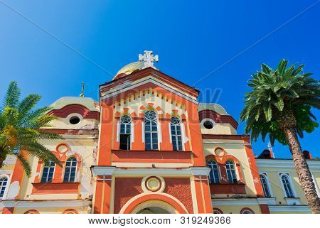 New Athos, Abkhazia.the Architecture Of The Ancient Monastery Against The Blue Sky.