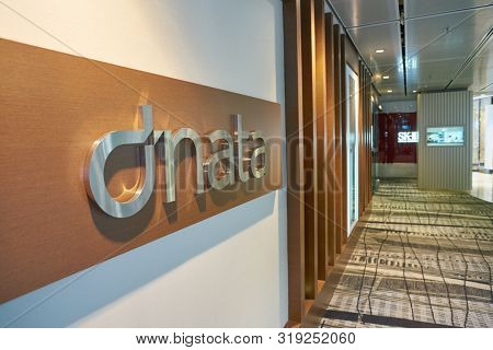 SINGAPORE - CIRCA APRIL, 2019: the dnata Lounge sign at Singapore Changi Airport.