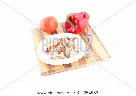 Japanese Dumplings: Yaki Gedza With Vegetables On A White Background Close-up
