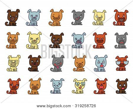 Set Of Cartoon Character Dogs With Various Face Expressions. Vector Illustration On White Background