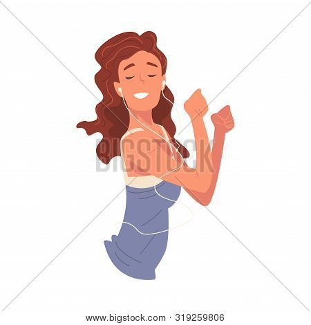 Happy Girl Listening To Music With Earhones And Dancing, Smiling Girl Using Mobile Device Vector Ill