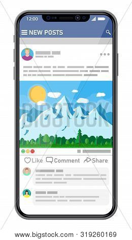 Social Network Interface Template On Smartphone Screen. News Post Frames Pages On Mobile Device. Use