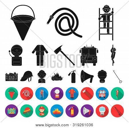 Fire Department Black, Flat Icons In Set Collection For Design. Firefighters And Equipment Bitmap Sy