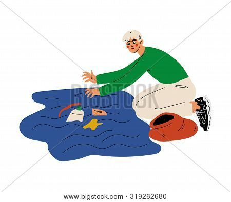 Man Gathering Garbage And Plastic Waste In Water, Male Volunteer Picking Up Litter In River Or Pond,