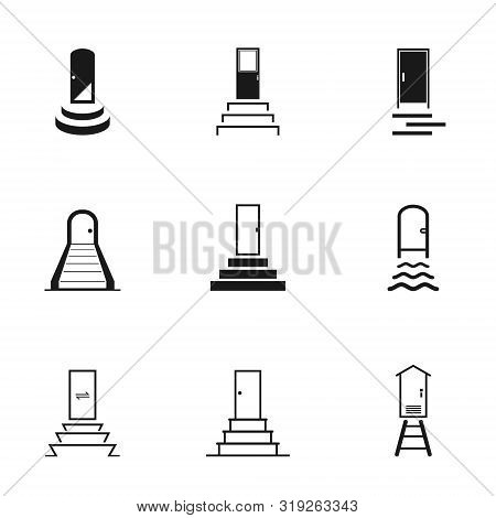 Set Of Black White Door And Stairs Icon With Front Entrance And Exit For The Input And Output, Vecto