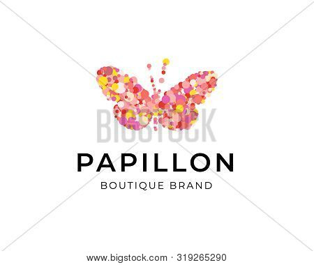 Colored Butterfly Silhouette With Colorful Confetti Texture With Text Papillon On White Background. 