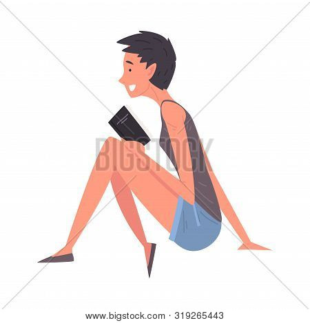 Beautiful Girl In Shorts And Tank Top Sitting On Floor And Reading Book Vector Illustration