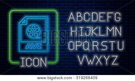 Glowing Neon Avi File Document. Download Avi Button Icon Isolated On Brick Wall Background. Avi File