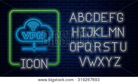 Glowing Neon Vpn Network Cloud Connection Icon Isolated On Brick Wall Background. Social Technology.