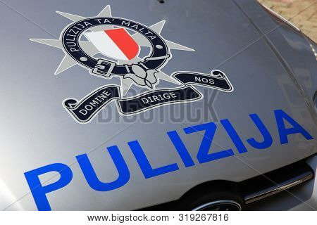 Msida, Malta - August 18, 2019: Sign Of A Police Car In Msida, Next Town To Valletta. Malta