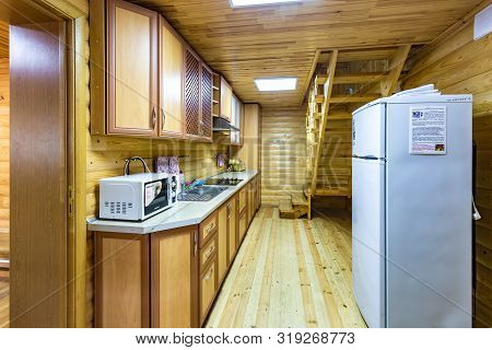 Grodno, Belarus - August, 2019: Interior Of Hall Interior Of Eco Kitchen With Wooden Furniture