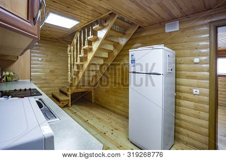 Grodno, Belarus - August, 2019: Interior Of Hall Interior Of Eco Kitchen With Wooden Furniture