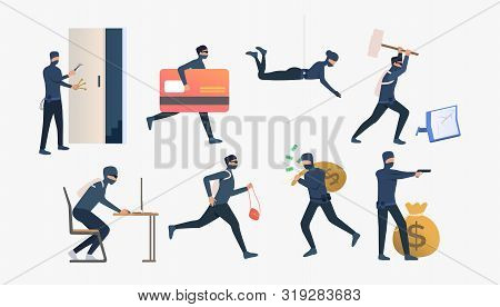 Set Of Criminals Robbing Flats. Car Burglary, Thieves, Criminals Wearing Black Clothes. Crime Concep