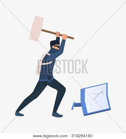 Thief Breaking Screen. Car Burglary, Thieves, Criminals Wearing Black Clothes. Crime Concept. Vector