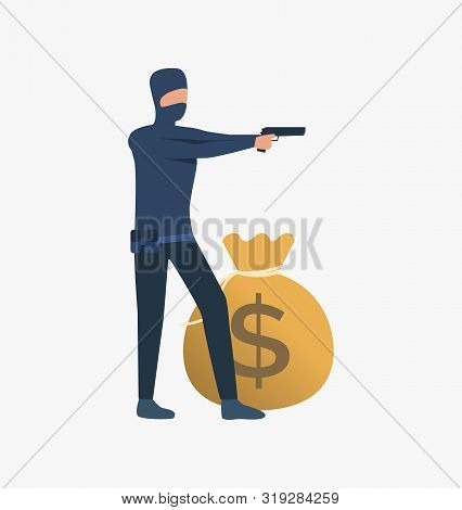 Thief Holding Gun. Car Burglary, Thieves, Criminals Wearing Black Clothes. Crime Concept. Vector Ill