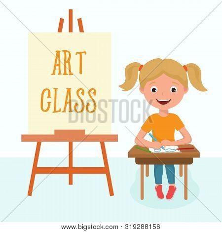 Pre-school Girl Sitting In Art Class, Back To School Vector Illustration. Kindergarden Draw Lesson W