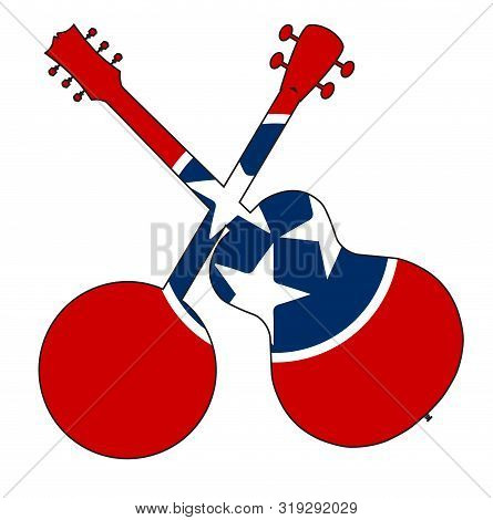A Typical Four String Banjo In Silhouette With An Acoustic Guitar Over The Tennessee State Flagon A 